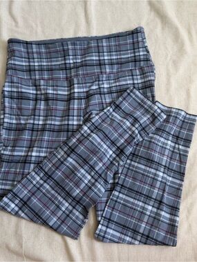 Gray Plaid Leggings with Subtle Red Accents